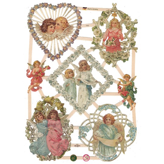 Lattice Framed Angels and Flowers Scraps with Glitter ~ Germany